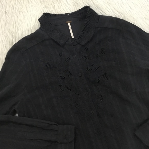 Free people women’s embroidered floral front black button down shirt siz… - Picture 1 of 6